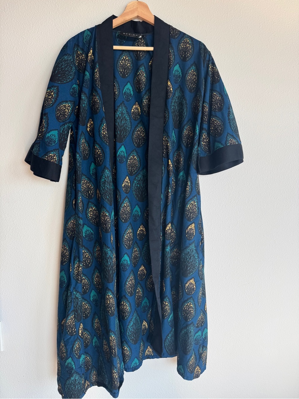 Besida Teal & Gold Botanical Print Open Front Kimono Duster